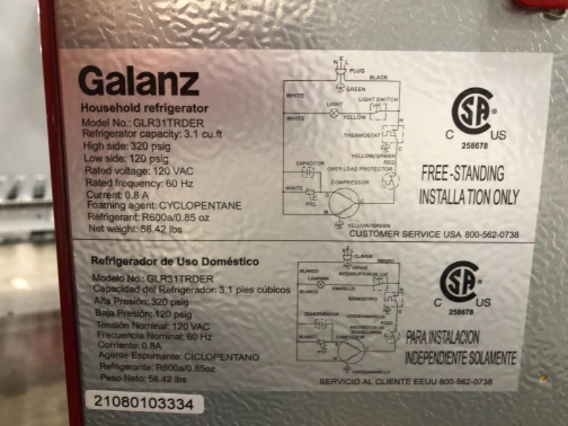 Photo 3 of USED: Galanz GLR31TRDER Retro Compact Refrigerator, Mini Fridge with Dual Doors, Adjustable Mechanical Thermostat with True Freezer, Red, 3.1 Cu FT 19.17"D x 23.31"W x 35.16"H

