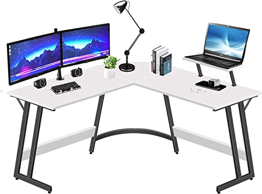 Photo 1 of LUFEIYA L Shaped Desk White Corner Computer Desks for Small Space Home Office Student Study Bedroom Gaming PC Work,51 Inch Modern L-Shaped Writing Table with Monitor Stand 19.7"D x 51.2"W x 29.5"H

