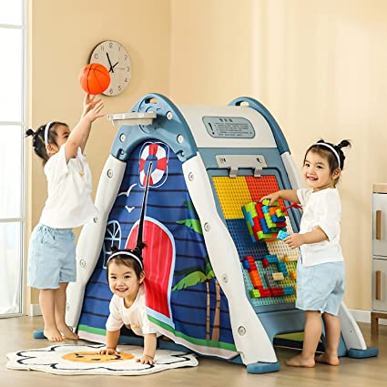 Photo 1 of Foldable Kids Play House with Tent, 5 in 1 Indoor Outdoor Play Set Playground with Climber,Drawing Board, Briks Baseplates Table,Triangular Tent,Basketball Hoop for Children Kids Baby
