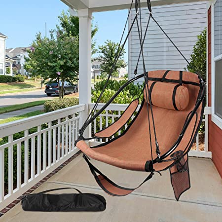 Photo 1 of  Hammock Chair with Foot Rest, Sky Chair with Metal Bar Frame, Hanging Chair Outdoor / Indoor with Side Pouch, Supportive Pillow, Max 330 LBS Capacity, DarkOrange
