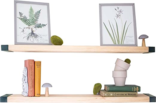 Photo 1 of Willow & Grace Floating Shelves with Black Iron Corners - 36 Inch Floating Shelf, Wood Wall Shelves - Easy-Mount Storage Wall Shelves for Living Room, Bathroom & Kitchen - Natural Wood (36" Set of 2)
