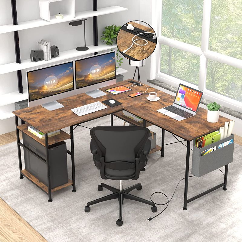 Photo 1 of Tbfit L Shaped Desk Corner Desk,95 Inch Reversible Home Office Desk with Storage Shelves, Large Computer Gaming Desk 