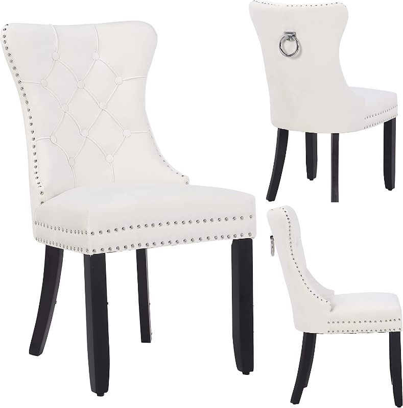 Photo 1 of BTEXPERT White Set of 2 High Back Velvet Tufted Upholstery, Solid Wood-Accent Nail Trim, Ring Leisure Side Living Room Bedroom Coffee upholstered Dining Chair
