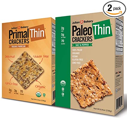 Photo 1 of *EXPIRED May 2022 - NONREFUNDABLE*
Julian Bakery Paleo & Primal Thin Crackers | Salt & Pepper & Parmesan | USDA Organic | Gluten-Free | Grain-Free | GMO Free | Low Carb | Variety 2 Pack
