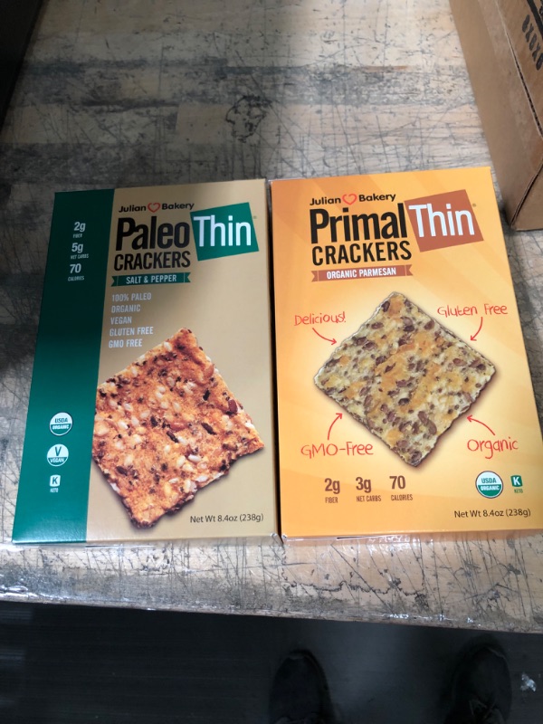 Photo 2 of *EXPIRED May 2022 - NONREFUNDABLE*
Julian Bakery Paleo & Primal Thin Crackers | Salt & Pepper & Parmesan | USDA Organic | Gluten-Free | Grain-Free | GMO Free | Low Carb | Variety 2 Pack
