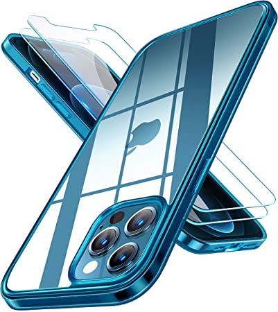 Photo 1 of RANVOO Clear Case Designed for iPhone 12/12Pro Case,[with 2 Screen Protectors], Protective Shockproof Cover with TPU Bumper and Transparent Hard PC Back 6.1 inch- Pacific Blue 2 pack 
