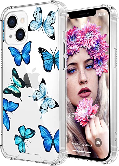 Photo 1 of ZIYE Compatible with iPhone 13 Case Clear Blue Butterflies Floral Design Ultra Thin Shockproof Transparent Bumper Hard Cover for Women Girls Protective Case for iPhone 13-6.1 in 2021 Release 2 pack 
