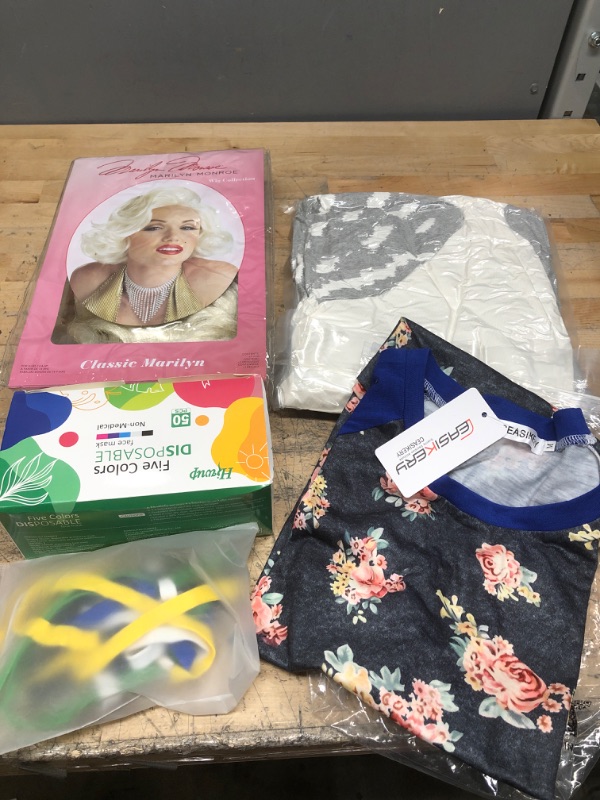 Photo 1 of **BUNDLE OF WOMENS CLOTHING AND ACCESSORIES-SHIRT SIZE M/ WIG/ BLANKET/ FACE MASK/ SHOELACE**