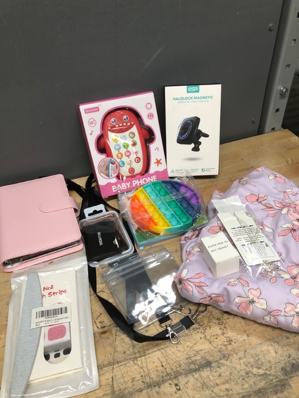 Photo 1 of **BUNDLE OF MIXED ITEMS-WOMENS NAIL POLISH STRIPS/BOOK/BABY PHONE/KID POP ITS/ID HOLDERS/BOTTLE OPENER/ DRESS/CAR CHARGER**