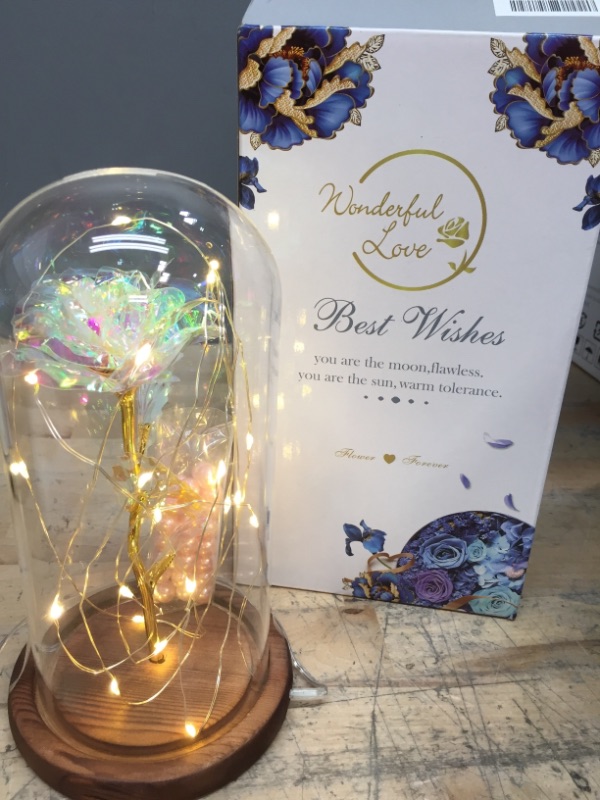 Photo 1 of  Beauty and Beast Rose Flower Galaxy Flower Rose Eternal Rose in Glass Dome with Led String Light Romantic Gift for Wedding Birthday Anniversary Beige Wooden Base