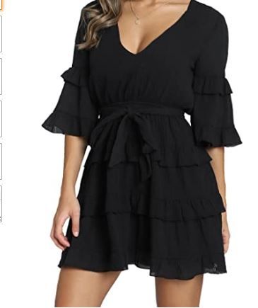 Photo 1 of iGENJUN Women's Casual Bell Sleeves V-Neck Tiered Silhouette Mini Swing Dresses large 
