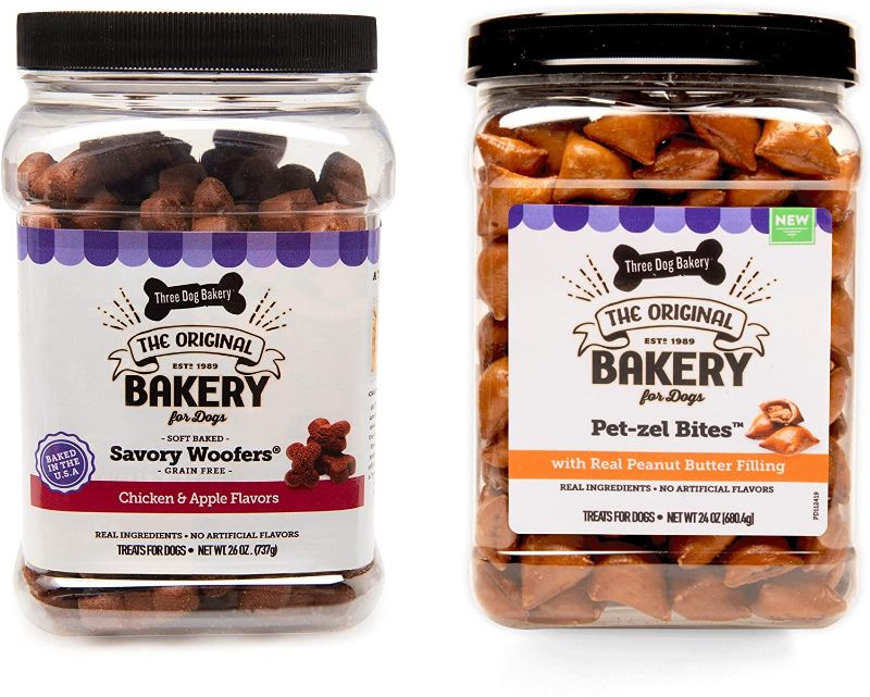 Photo 1 of (BB 07/22) Three Dog Bakery Snack Jars Premium Treats for Dogs, Soft Baked Grain Free Meaty Woofers, Chicken and Apple & Crunchy Pet-zel Bites with Peanut Butter Filling, 49 Ounces, 2-Pack
