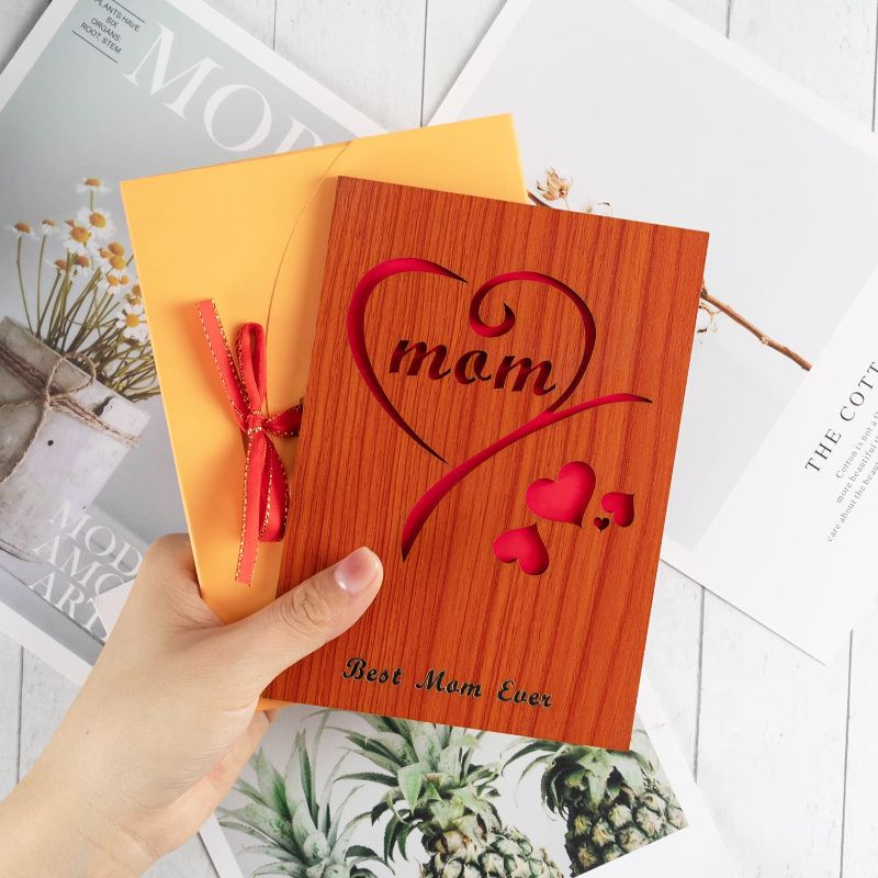 Photo 1 of  2 pack Creawoo Wooden Mothers Day Card for Mom Wife, Best Mom Ever Greeting Cards with Envelope, Happy Mother's Day, Birthday, Holiday Gift Cards from Daughter, Son
