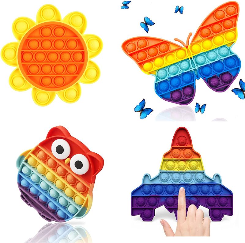 Photo 1 of Giroa 4Pcs Big Pop Push It Fidget Sensory Toys Set of Rainbow Butterfly Rocket Owl Sun Flower, for Kids Girls and Adults Needs Stress Anxiety Reliever,Cool Popper Fidget Toy Packs 
