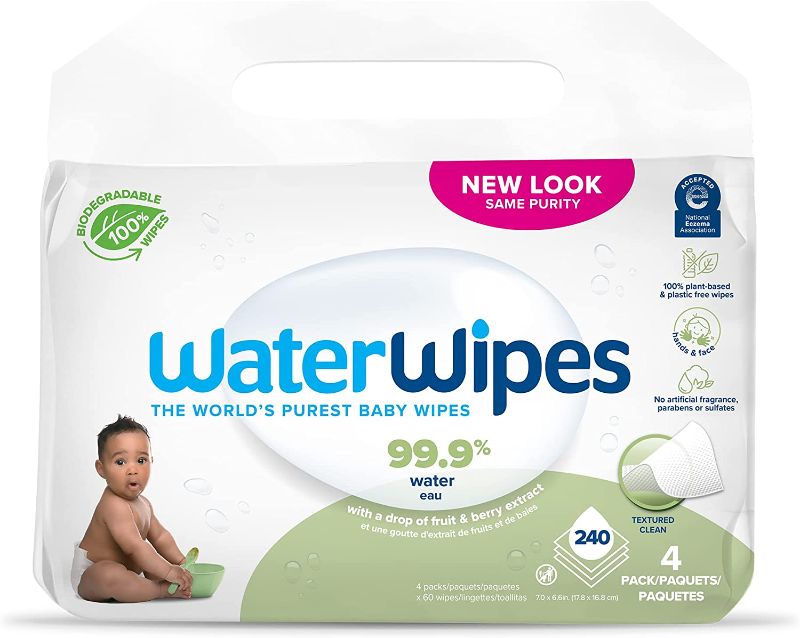 Photo 1 of (EXP JUN 2023)WaterWipes Biodegradable Textured Clean, Toddler & Baby Wipes, 99.9% Water Based Wipes, Unscented & Hypoallergenic for Sensitive Skin, 240 Count (4 packs)