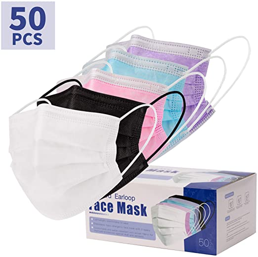 Photo 1 of 2 PACK**50 Pcs Disposable Face Masks, 3 Layers Facial Safety Masks with Adjustable Elastic Ear Loop Adult Masks Women, Men (Mix Color, 50 Count (Pack of 1)
