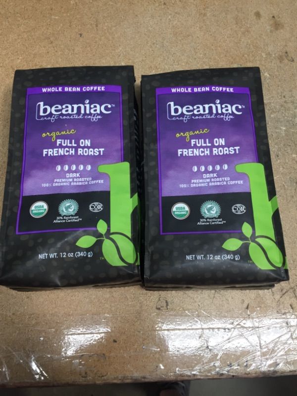 Photo 3 of ***NON-REFUNDABLE***
BEST BY 6/11/22
2 BAGS beaniac Organic Full On French Roast, Dark Roast, Whole Bean Coffee, Rainforest Alliance Certified Organic Arabica Coffee, 12 Ounce Bag