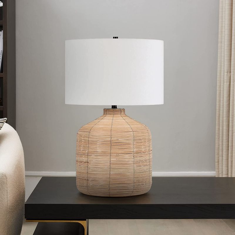 Photo 1 of Henn&Hart 26.5" Tall Oversized/Rattan Table Lamp with Fabric Shade in Natural Rattan/Brass /White