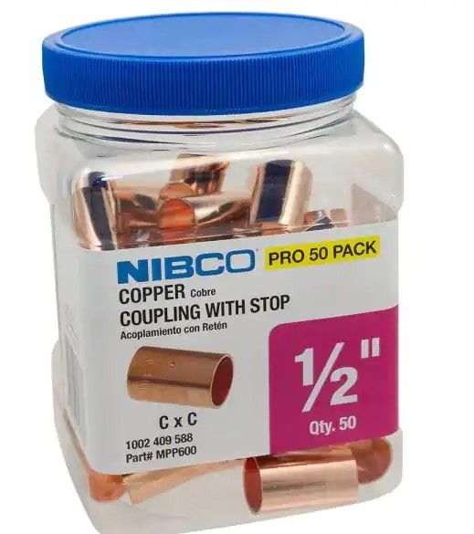 Photo 1 of **MISSING SOME* NIBCO
600 1/2 in. x 1/2 in. Wrot Copper Cup x Cup Coupling with Stop Fitting Pro Pack (50-Pack)