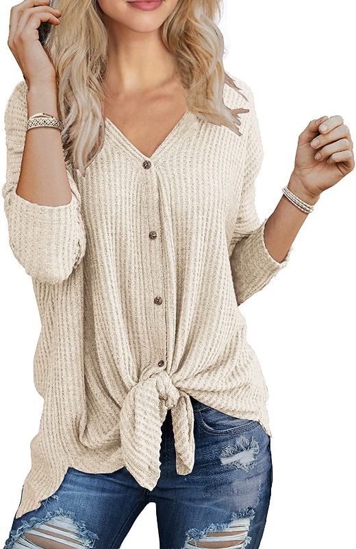 Photo 1 of IWOLLENCE Women's Waffle Knit Tunic Button Up Blouse Tie Knot tops Loose Pullover Blouses White Med