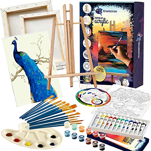 Photo 1 of Acrylic Paint Set for Beginners with Paint by Numbers (Peacock) Kit - 42 Pieces | Acrylic Paints, Nylon Paintbrush Set, Canvases, Paint by Number Panel, Easel, Color Wheel, and Palette