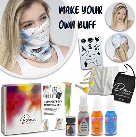 Photo 1 of Create Your Own Neck Gaiter in Tie Dye Fashion | 4 Colors Fabric Paint + 1 Space Theme Stencil + Tie Dye Kit + Apron 