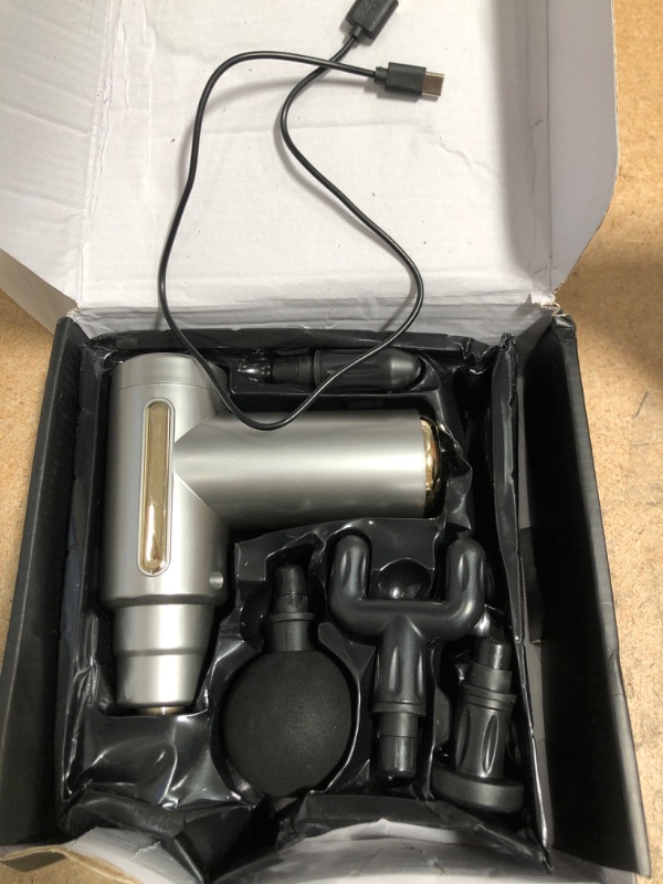 Photo 2 of Mini Massage Gun Deep Tissue Message Gun, USB Recharging 4 Message Hearts Travel Home Handheld Electric Massage's for Badu Muscle Relax 6 Modes Grey