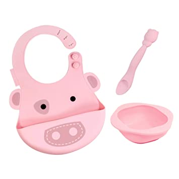 Photo 1 of Baby Silicone Feeding Set, Masher Spoon and Bowl and Baby Bib, BPA & Phthalate Free, 6 Month+