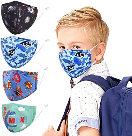 Photo 1 of 4 Pcs Kids Cloth Face Mask - Cute Adjustable Washable Cotton Masks for Kids (3 packs)