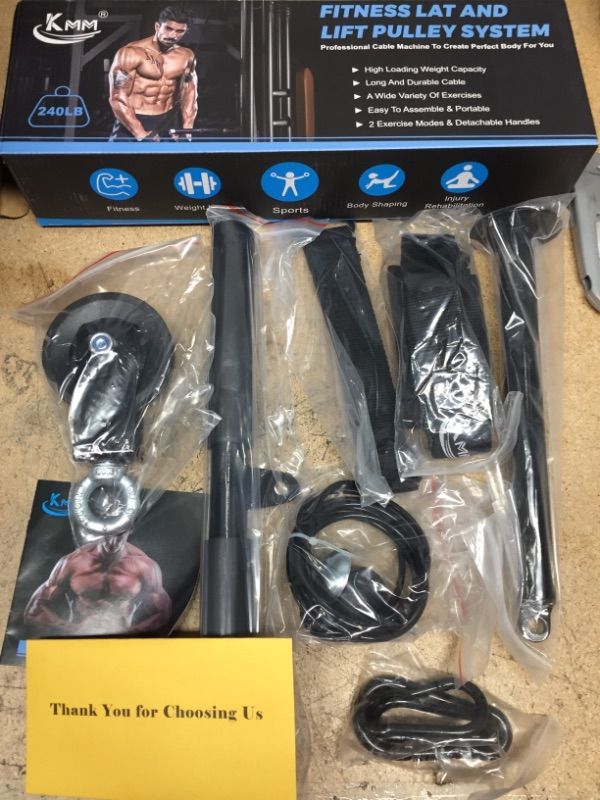 Photo 2 of KMM Pulley System Gym for Weight Training, LAT Pull Down Machine Cable Pulley Attachment Home Gym Workout Equipment with Upgraded Loading Pin, Straight Bar, for Biceps Curl, Forearm, Triceps Exercise