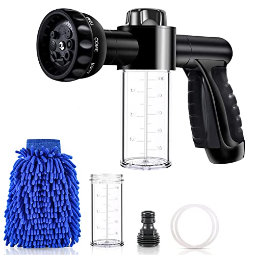 Photo 1 of  Car Wash Nozzle, Willcrew High Pressure Hose Nozzle Sprayer 8 Way Patterns Hose Soap Sprayer ?with 2 X 3.5oz 100cc Soap Dispenser and Washing Mitt for Car Wash, Watering Plants, Showering Pet


