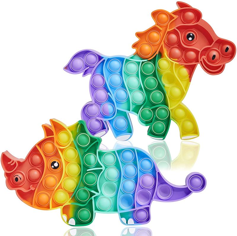 Photo 1 of BUNDLE OF 2, 2 Pack Big Size Pop Fidget Toys - Jumbo Push Pop Bubble Popping Autism Sensory Toy Giant Fidget Poppers Stress Relief Poppet Its Easter Gifts Boys Girls Adults (9 Inch Large Rainbow Dinosaur&Horse)
