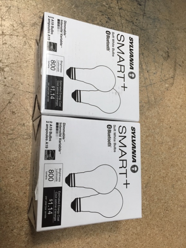 Photo 2 of 2 BOXES**
SYLVANIA Bluetooth Mesh LED Smart Light Bulb, One Touch Set Up, A19 60W Equivalent, E26, Soft White, Works with Alexa Only - 2 PK (75761)
