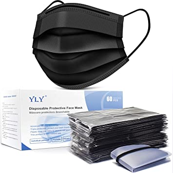 Photo 1 of YLY 60 Pack Individually Packaged Black Disposable Face Mask 3 Layers Safety Masks With Elastic Ear Loop Comfortable for Blocking Dust Air Pollution Protection, Black
