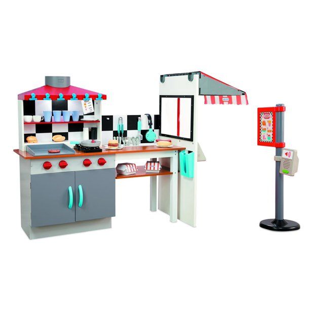 Photo 1 of *damaged* Little Tikes Real Wood Drive-Thru Diner 40-Piece Wooden Pretend Play Kitchen Toys Playset, Realistic Lights & Sounds, Dual-Sided Play