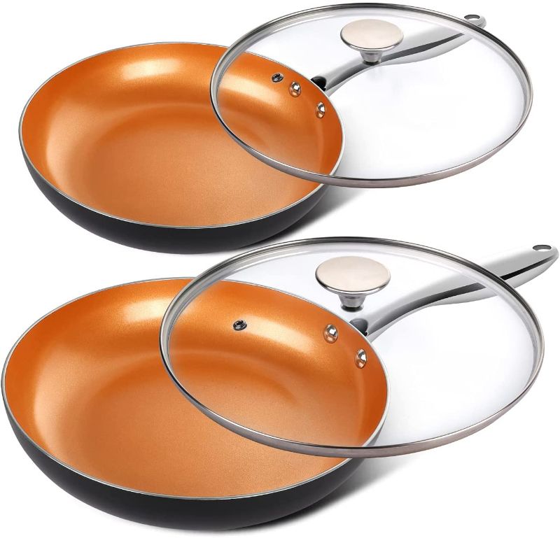 Photo 1 of MICHELANGELO Frying Pans, 8" and 10" Copper Frying Pan Set with Lid, Nonstick Frying Pans With Titanium Ceramic Interior, Frying Pans Nonstick, Ceramic Skillets Nonstick, Induction Compatible
