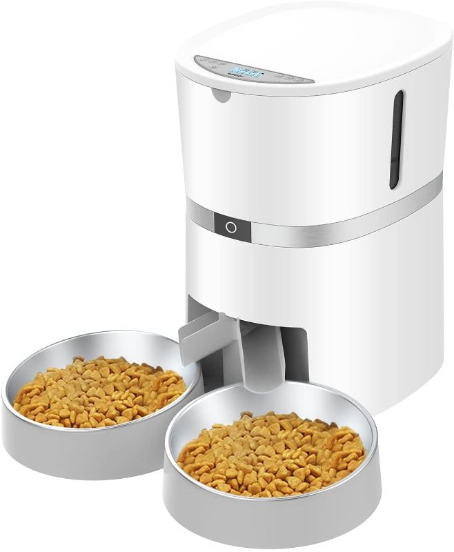 Photo 1 of Automatic Cat Feeder, WellToBe Pet Feeder Food Dispenser for Cat & Small Dog with Two-Way Splitter and Double Bowls, up to 6 Meals with Portion Control, Voice Recorder - Battery and Plug-in Power
