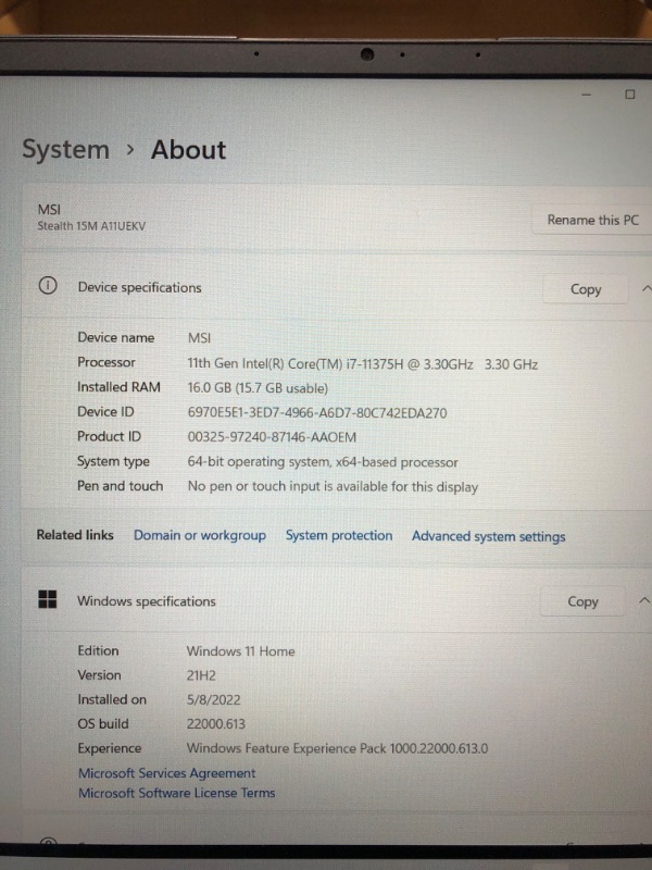 Photo 5 of MSI Stealth 15M Gaming Laptop: 15.6" 144Hz FHD 1080p Display, Intel Core i7-11375H, NVIDIA GeForce RTX 3060, 16GB, 512GB SSD, Thunderbolt 4, WiFi 6, Win10, Carbon Gray (A11UEK-009)
