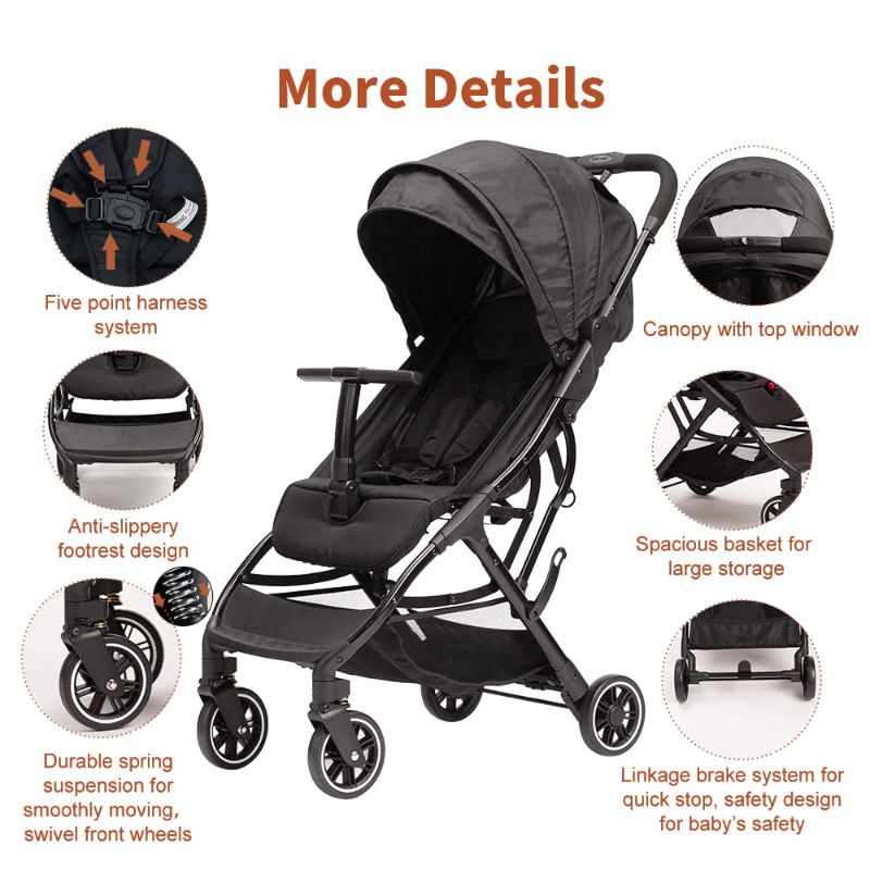 Photo 1 of Lightweight Travel Stroller - Compact Umbrella Stroller for Airplane, One-Hand Folding Baby Stroller, Newborn Infant Stroller w/Adjustable Backrest/Footrest/Canopy/T-Shaped Bumper (Black)
