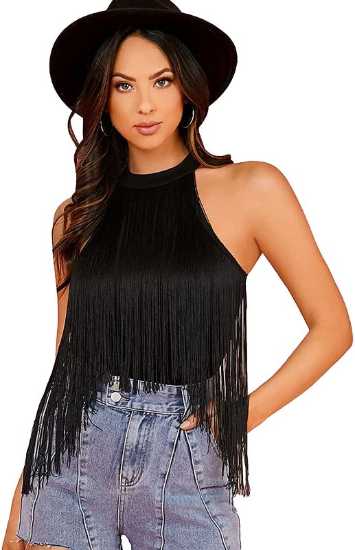 Photo 1 of Verdusa Women's Fringe Trim Sleeveless Bodycon Halter Bodysuit Top
