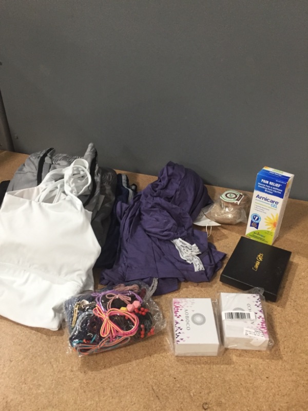 Photo 1 of **BUNDLE OF MIXED ITEMS-THANKYOU TAGS/HAIR TIES/EARRINGS/WALET/PAIN RELIFE/BASKETBALL SHORTS SIZE M/WOMENS SPORTS BRAWL&ROBE*