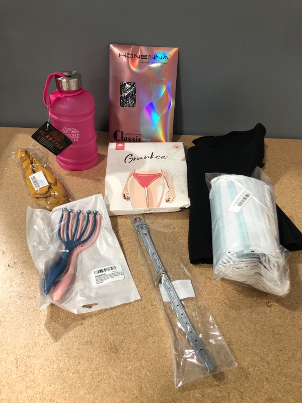 Photo 1 of *BUNDLE OF MIXED ITEMS-WATER BOTTLE/NECK MASSAGER/CAT COLLAR//WOMENS UNDERWEAR SIZE M/HAIR BAND/FACEMASK/WAIST TRAINER SIZE L*