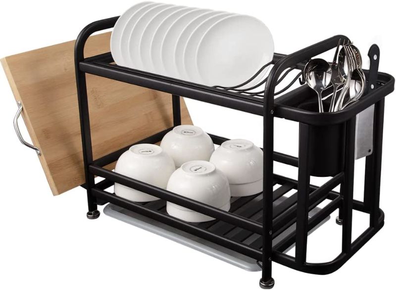 Photo 1 of 2 Tier Dish Drying Rack with 3 Free Hooks,Double Thick 304 Stainless Steel Rustproof Dish Rack with Cutting Board Holder Utensil Holder Dish Drainer for Kitchen Counter, Black
