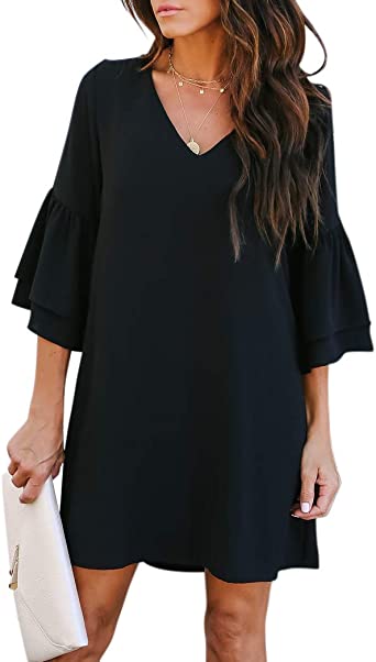 Photo 1 of BELONGSCI Women's Dress Sweet & Cute V-Neck Bell Sleeve Shift Dress Mini Dress - small