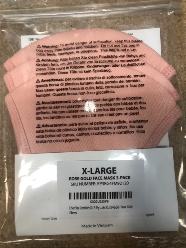Photo 1 of EnerPlex Comfort 3-Ply Pink Face Mask Reusable - Breathable Comfort, Fully Machine Washable, Pink Face Masks Large (3-Pack) - Rose Gold
