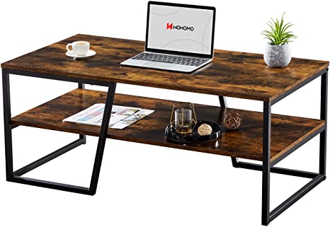 Photo 1 of WOHOMO Coffee Table, Industrial Coffee Tables for Living Room with 2 Tier Shelves, 41.7" x 21.7" x 17.7" Rectangular Unique Coffee Table with Abstract Diagonal Base, Easy Assembly, Rustic Brown
