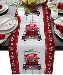 Photo 1 of **SET OF 2** Rose Truck Valentines Day 120 Inches Long Table Runner for Dining Room, Rustic Wood Heart Cotton Linen Tablecloth Runners, Farmhouse Table Setting Decor for Wedding Party Holiday, Machine Washable.
