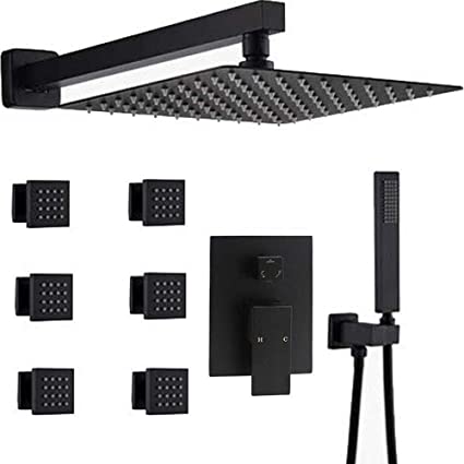 Photo 1 of AYIVG Bathroom Square 12 Inch Ceiling Rainfall Shower Faucet System With 6 PCS Body Jets Mixer Set (Wall Mount, Black)