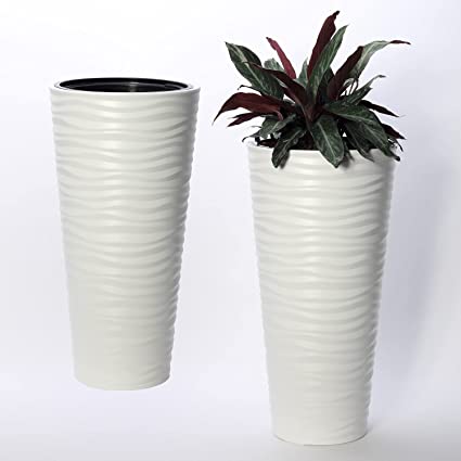 Photo 1 of “Michigan Dunes” Tall Modern Round Flower Pot with Insert (31 inch, White) Set of Two
