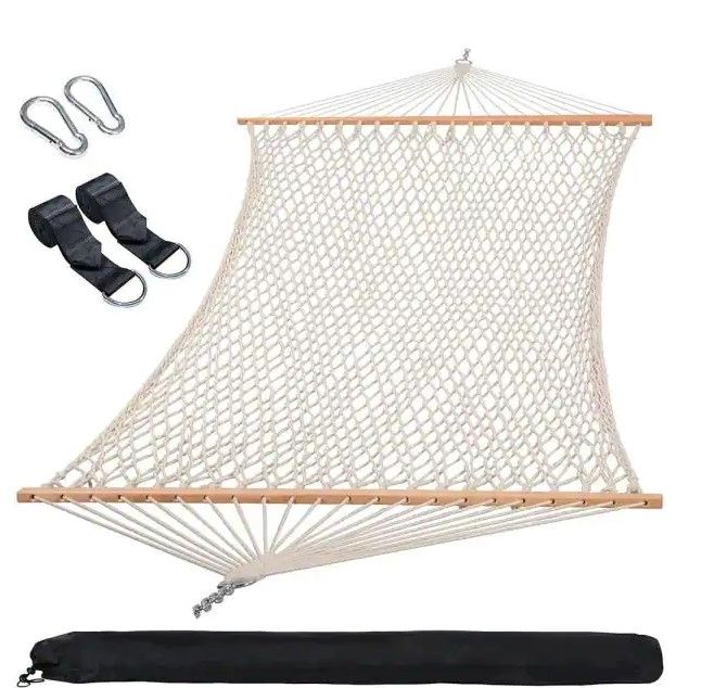 Photo 1 of 13.1 ft. Portable 2-Person Rope Hammock with Bamboo Spreader Bar, Carrying Bag, Tree Hooks, Bottle Holder, Natural
